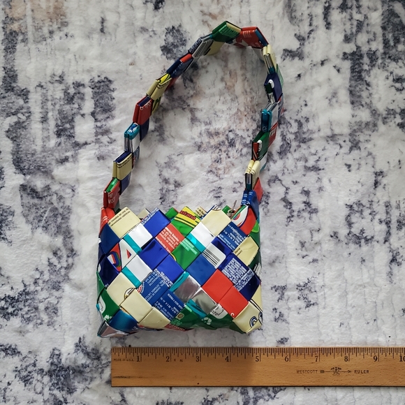 Recycled Wrapper Mini Purse Handbag 5" x 4", bright, multicolor, unique - Picture 6 of 8